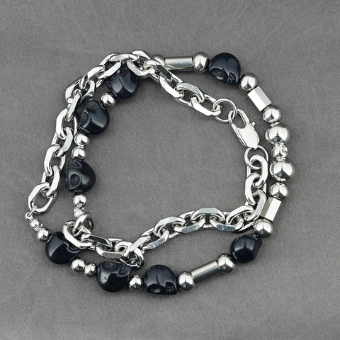 Punk Gothic Stainless Steel Skull Necklace For Men Women Black Beads Silver Chain Streetwear Personalized Jewelry Gift