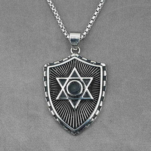 Punk Men Titanium Steel Shield Star Of David Pendant Necklace Retro Gothic Hip Hop Jewelry With Box Chain Silver Tone