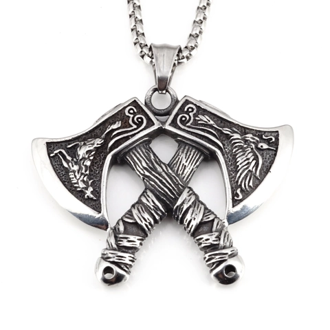 Collana con Ciondolo a Doppia Ascia Vichinga Vintage in Acciaio Inossidabile Mitologia Norrena Drago Corvo Scolpito Gioielli Hip Hop Gothic