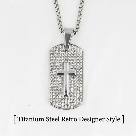 Roestvrij Stalen Strass Kruis Hanger Ketting Hip Hop Religieuze Sieraden Voor Mannen Vrouwen Zilveren Rechthoekige Tag Ketting