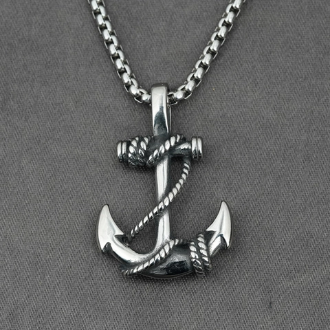 Vintage Stainless Steel Anchor Pendant Necklace Nautical Sailor Theme Rope Detail Polished Jewelry Gift For Men Women