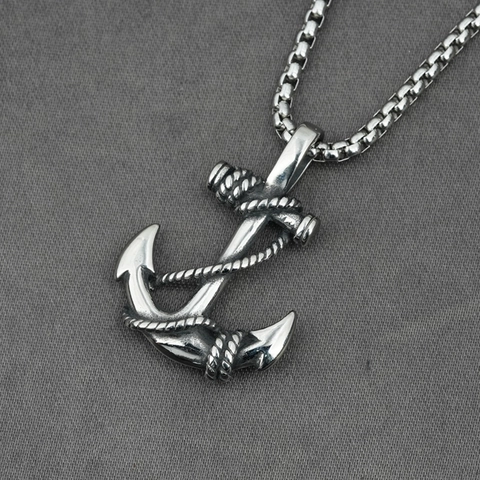 Vintage Stainless Steel Anchor Pendant Necklace Nautical Sailor Theme Rope Detail Polished Jewelry Gift For Men Women