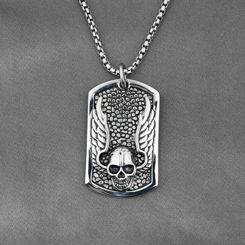 Men Gothic Skull Wing Dog Tag Pendant Necklace Vintage Titanium Steel Hip Hop Punk Rock Jewelry For Men Boys Gift