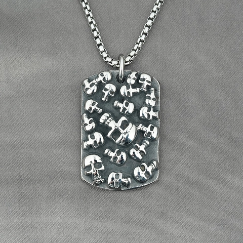 Gothic Punk Skull Dog Tag Pendant Necklace For Men Vintage Stainless Steel Skeleton Relief Box Chain Men's Jewelry Gift