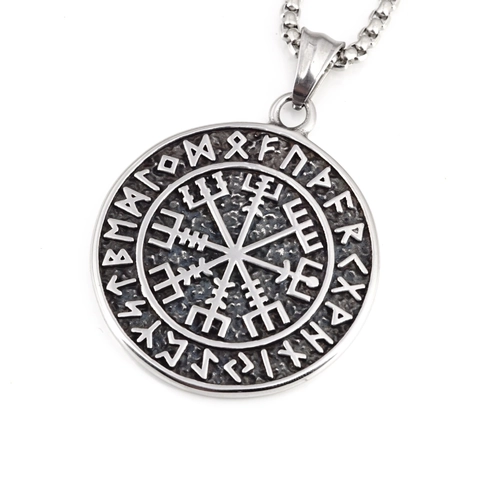 Vintage Viking Compass Vegvisir Rune Pendant Necklace For Men Women Titanium Steel Hip Hop Retro Circle Shield Sweater Chain