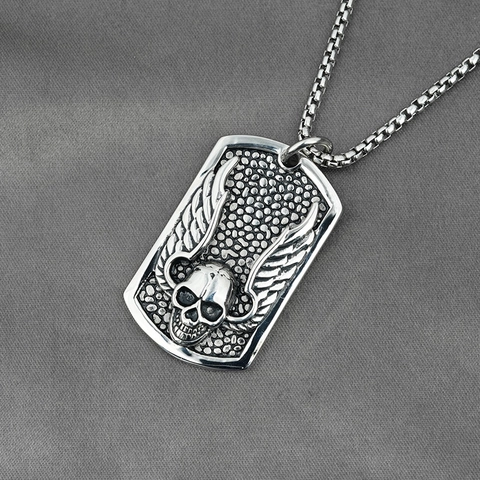 Men Gothic Skull Wing Dog Tag Pendant Necklace Vintage Titanium Steel Hip Hop Punk Rock Jewelry For Men Boys Gift