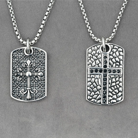 Gothic Stainless Steel Cross Pendant Necklace For Men Women Retro Fleur De Lis Hammered Black Rhinestone Punk Jewelry