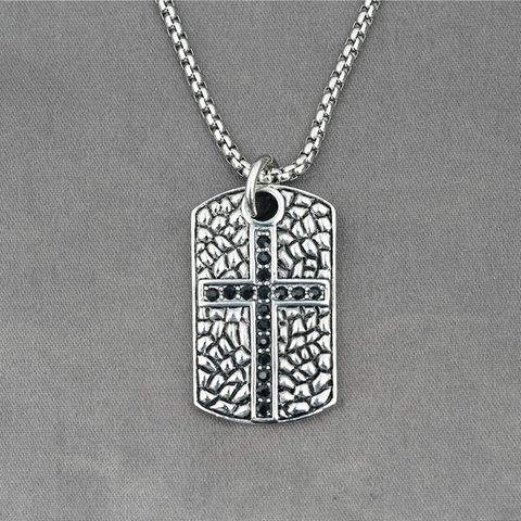 Gothic Stainless Steel Cross Pendant Necklace For Men Women Retro Fleur De Lis Hammered Black Rhinestone Punk Jewelry