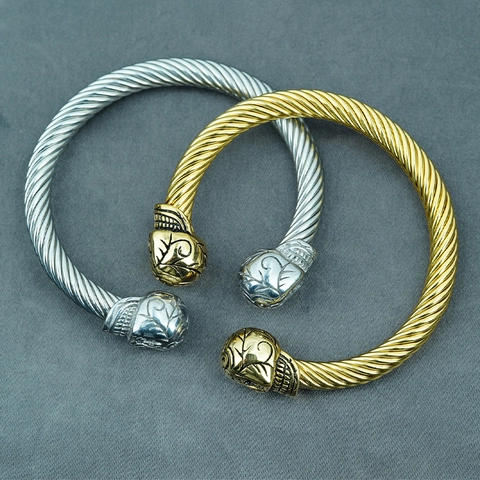 Vintage Punk Moto Titanium Steel Cable Cuff Bracelet Engraved Scroll Pattern Open Bangle For Men Women Gold Silver Jewelry