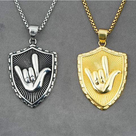 Stainless Steel I Love You Hand Gesture Shield Pendant Necklace For Men Women Retro Hip Hop Jewelry Box Chain Gold Silver
