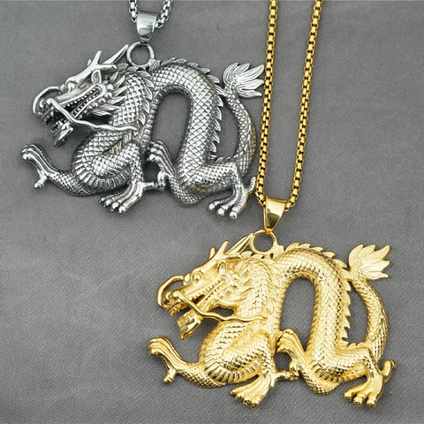 Vintage Chinese Dragon Pendant Necklace For Men Stainless Steel Hip Hop Zodiac Dragon Charm Gold Silver Color Box Chain Jewelry