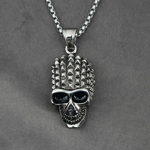 Punk Skull Mohawk Spike Pendant Necklace Titanium Steel Gothic Box Chain Antique Silver Rock Hip Hop Jewelry Men Women