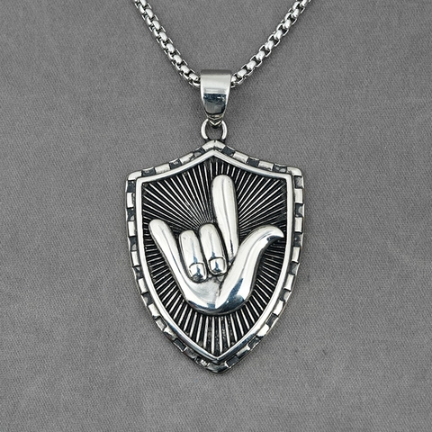Stainless Steel I Love You Hand Gesture Shield Pendant Necklace For Men Women Retro Hip Hop Jewelry Box Chain Gold Silver
