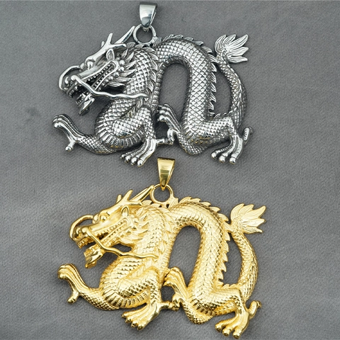 Vintage Chinese Dragon Pendant Necklace For Men Stainless Steel Hip Hop Zodiac Dragon Charm Gold Silver Color Box Chain Jewelry