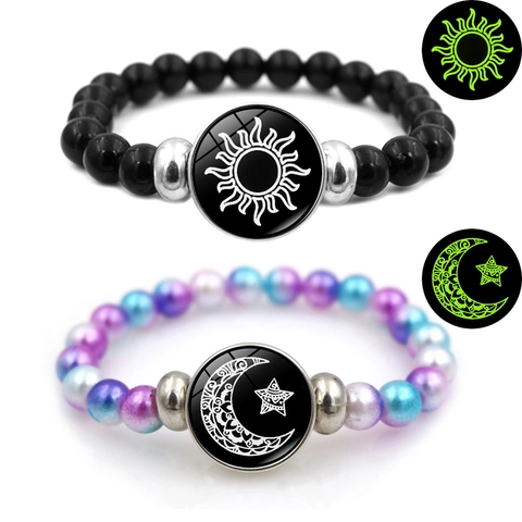Leuchtende Sonne Mond Perlenarmbänder Handgewebte PU-Leder Glas Cabochon Im Dunkeln Leuchtender Modeschmuck Für Paare