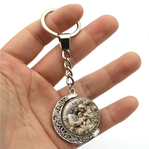 Portachiavi Luna Rotante in Vetro Lega di Zinco Vintage Religioso Sacra Famiglia Vergine Di Guadalupe Pendente Regalo