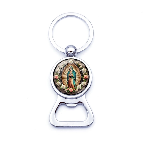 Religious Metal Bottle Opener Keychain Holy Family Virgin Mary Pattern Zinc Alloy Glass Key Ring For Festival Gift Jewelry