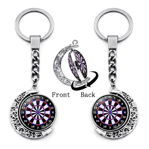 Rotating Dartboard Keychain Silver Metal Hollow Moon Frame Double Sided Darts Target Pendant Sports Fan Gift Key Ring