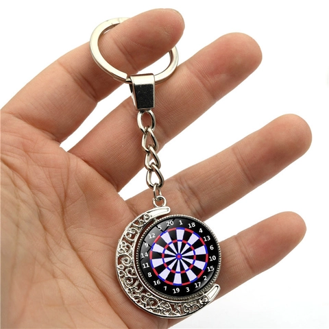 Rotating Dartboard Keychain Silver Metal Hollow Moon Frame Double Sided Darts Target Pendant Sports Fan Gift Key Ring