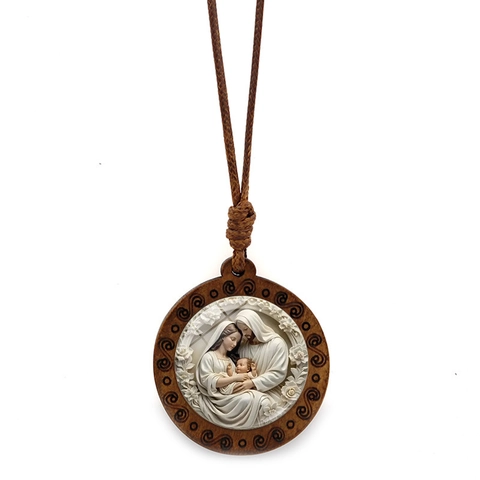 Collier à Pendentif Religieux Vintage en Bois et Alliage Dessins de la Sainte Famille Vierge Marie Cordon de Cire Réglable Bijoux de Noël Cadeau Unisexe