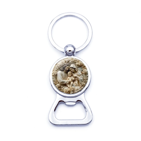 Religious Metal Bottle Opener Keychain Holy Family Virgin Mary Pattern Zinc Alloy Glass Key Ring For Festival Gift Jewelry