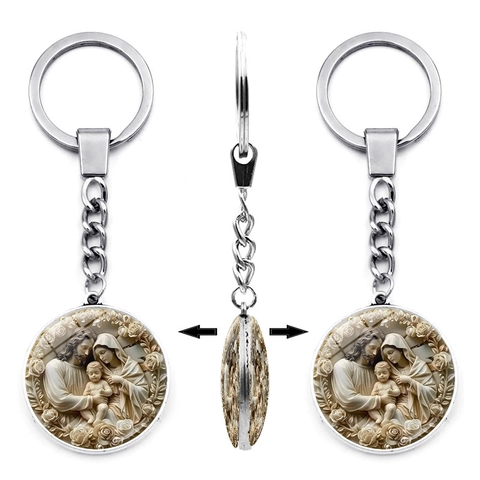 Religious Art Zinc Alloy Glass Keychain Vintage Holy Family Virgin Mary Relief Double Sided Pendant Christmas Religious Gift Keychain