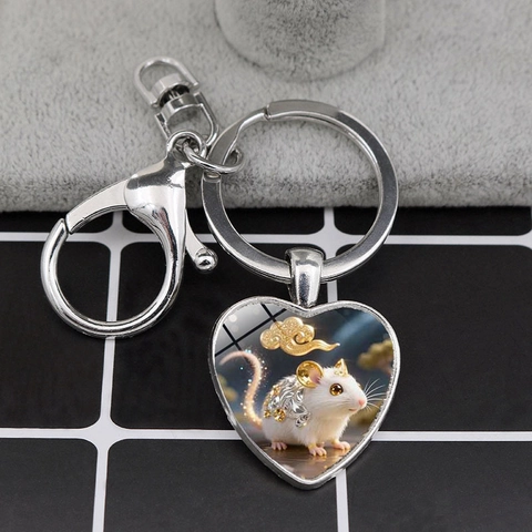 Portachiavi a Forma di Cuore in Lega di Zinco Segni Zodiacali Cinesi Toppa in Vetro Motivo Animale per Ciondolo Borsa Unisex