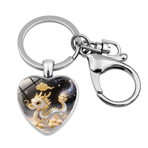 Portachiavi a Forma di Cuore in Lega di Zinco Segni Zodiacali Cinesi Toppa in Vetro Motivo Animale per Ciondolo Borsa Unisex