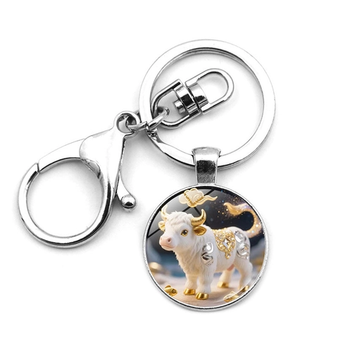 12 Chinese Zodiac Keychain Silver Zinc Alloy Glass Cabochon Pendant Key Ring Lucky Animal Charm For Car Bag Accessories Gift