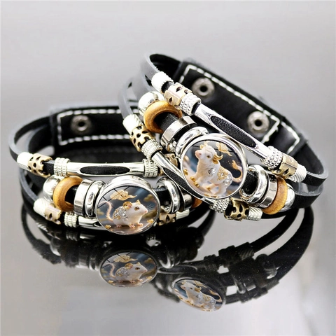 Retro Punk Multilayer Artificial Leather Bracelet For Men Women Twelve Chinese Zodiac Signs Alloy Glass Wood Beaded Bracelet
