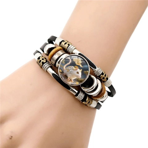 Retro Punk Multilayer Artificial Leather Bracelet For Men Women Twelve Chinese Zodiac Signs Alloy Glass Wood Beaded Bracelet
