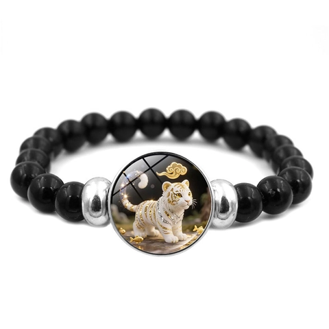 Bracelet En Perles Des Douze Signes Du Zodiaque Pour Hommes Femmes Perles De Verre Noires Bracelet Élastique Bijoux Cadeau