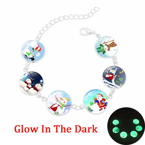Bracciale Natalizio Luminoso Che Si Illumina al Buio Con Babbo Natale e Pupazzo di Neve in Vetro Lega Regalo di Gioielli di Moda per Donna