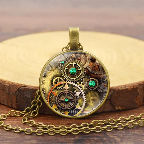 Collier Pendentif Gemme du Temps Motif Engrenage Steampunk Vintage Alliage Verre Mécanique Bijoux Bronze Argent Noir Unisexe