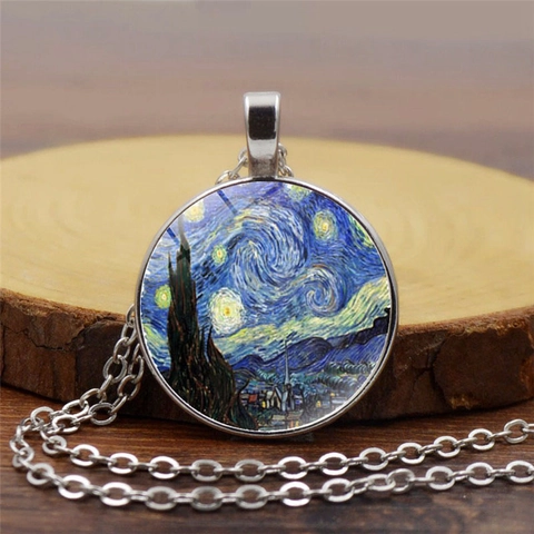 Collana con Ciondolo a Cabochon in Vetro d'Arte Notte Stellata Vincent Van Gogh Catena in Lega Retro Gioielli Artistici Regalo