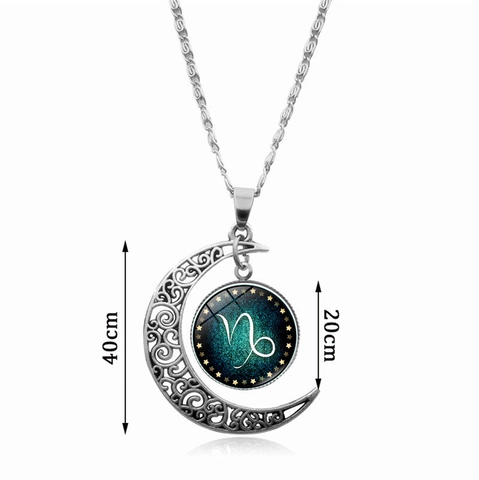 Vintage Tierkreis Sternbild Sichelmond Anhänger Halskette Legierung Glas Cabochon Astrologischer Schmuck Für Damen Mädchen Geschenk