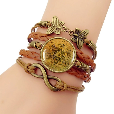 Bracelet Multicouche en Cuir Cube de Métatron Tissé à la Main Infini Papillon Cabochon en Verre Bijoux Hommes Femmes