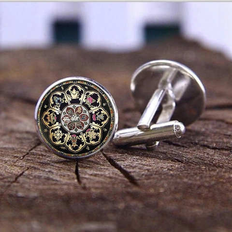 Men Vintage Mandala Flower Time Gem Alloy Glass Cufflinks For Business Wedding Shirt Buddhist Pattern Cuff Links