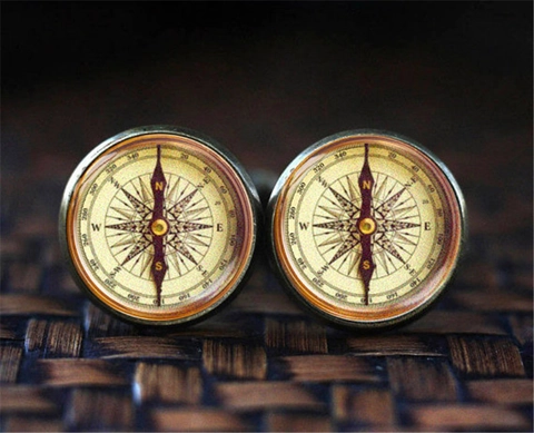 Gemelos de Aleación y Vidrio con Tema Náutico de Brújula Vintage para Camisa de Hombre Traje Estilo Francés Joyería Redonda