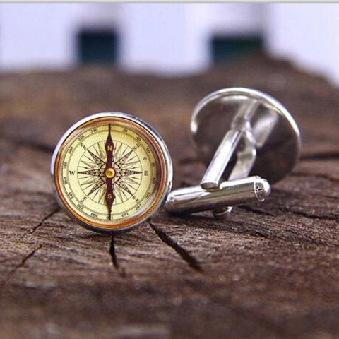 Gemelos de Aleación y Vidrio con Tema Náutico de Brújula Vintage para Camisa de Hombre Traje Estilo Francés Joyería Redonda
