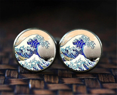 Boutons de Manchette Vintage La Grande Vague de Kanagawa Pour Hommes Alliage Dôme en Verre Art Print Chemise Française Bijoux Cadeau