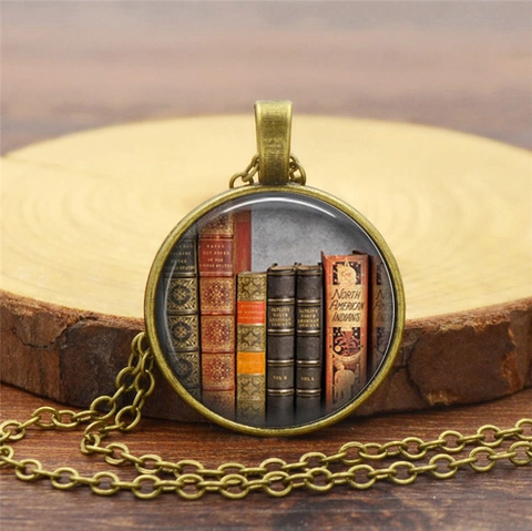Vintage Library Books Pendant Necklace Retro Time Gem Alloy Glass Literary Theme Sweater Chain For Women Book Lovers Jewelry