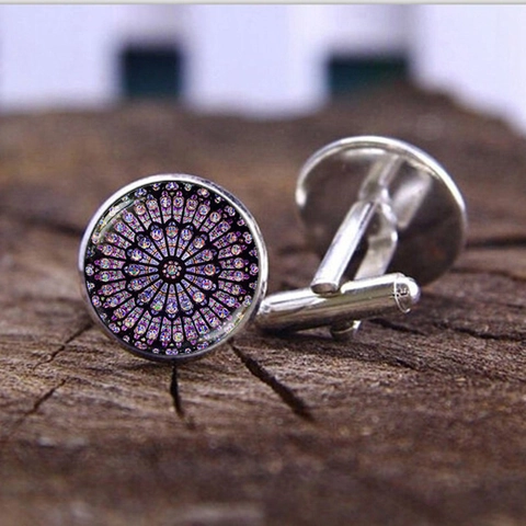 Gemelli Rosone Notre Dame De Paris in Lega Vetro Motivo Vetrata Uomo Formali Business Matrimonio Accessori Gioielli Vintage Francesi Regalo