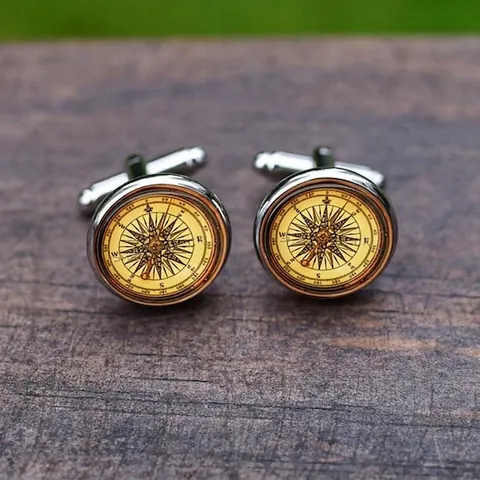 Retro Heren Kompas Tijd Edelstein Manchetknopen Nautisch Stuurwiel Legering Glas Overhemd Manchetknopen Zakelijk Sieraden