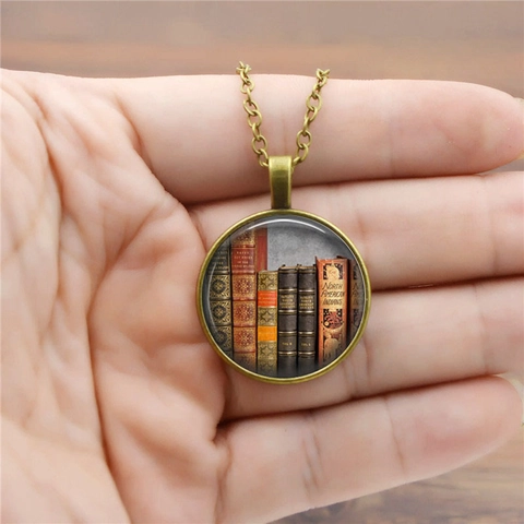 Vintage Library Books Pendant Necklace Retro Time Gem Alloy Glass Literary Theme Sweater Chain For Women Book Lovers Jewelry