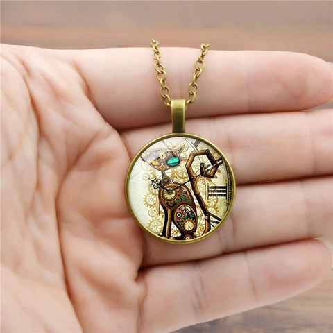 Collier Pendentif Chat Steampunk Engrenage Mécanique Alliage Rétro Cabochon en Verre Vintage Style Industriel Chaîne de Pull Unisexe