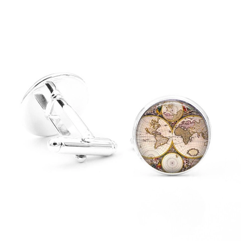 Vintage World Map Time Gem Cufflinks For Men Round Alloy Glass Shirt Accessories French Cuff Buttons Fashion Jewelry Gift