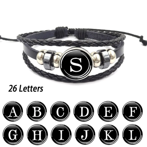 Multilayer Braided PU Leather Bracelet For Men Women Alloy Initial Letter Glass Cabochon Punk Vintage Jewelry Bracelet Gift