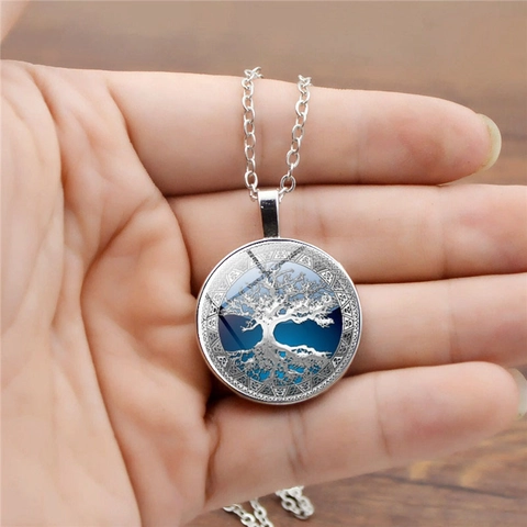 Vintage Lebensbaum Anhänger Halskette Für Damen Rundes Glas Cabochon Legierung Pullover Kette Bohemian Stil Schmuck Zubehör
