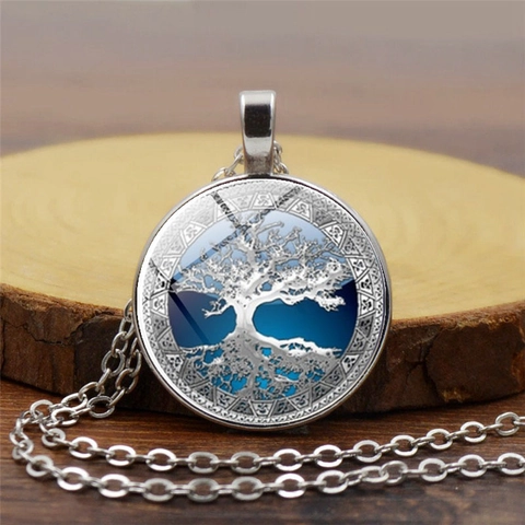 Vintage Lebensbaum Anhänger Halskette Für Damen Rundes Glas Cabochon Legierung Pullover Kette Bohemian Stil Schmuck Zubehör